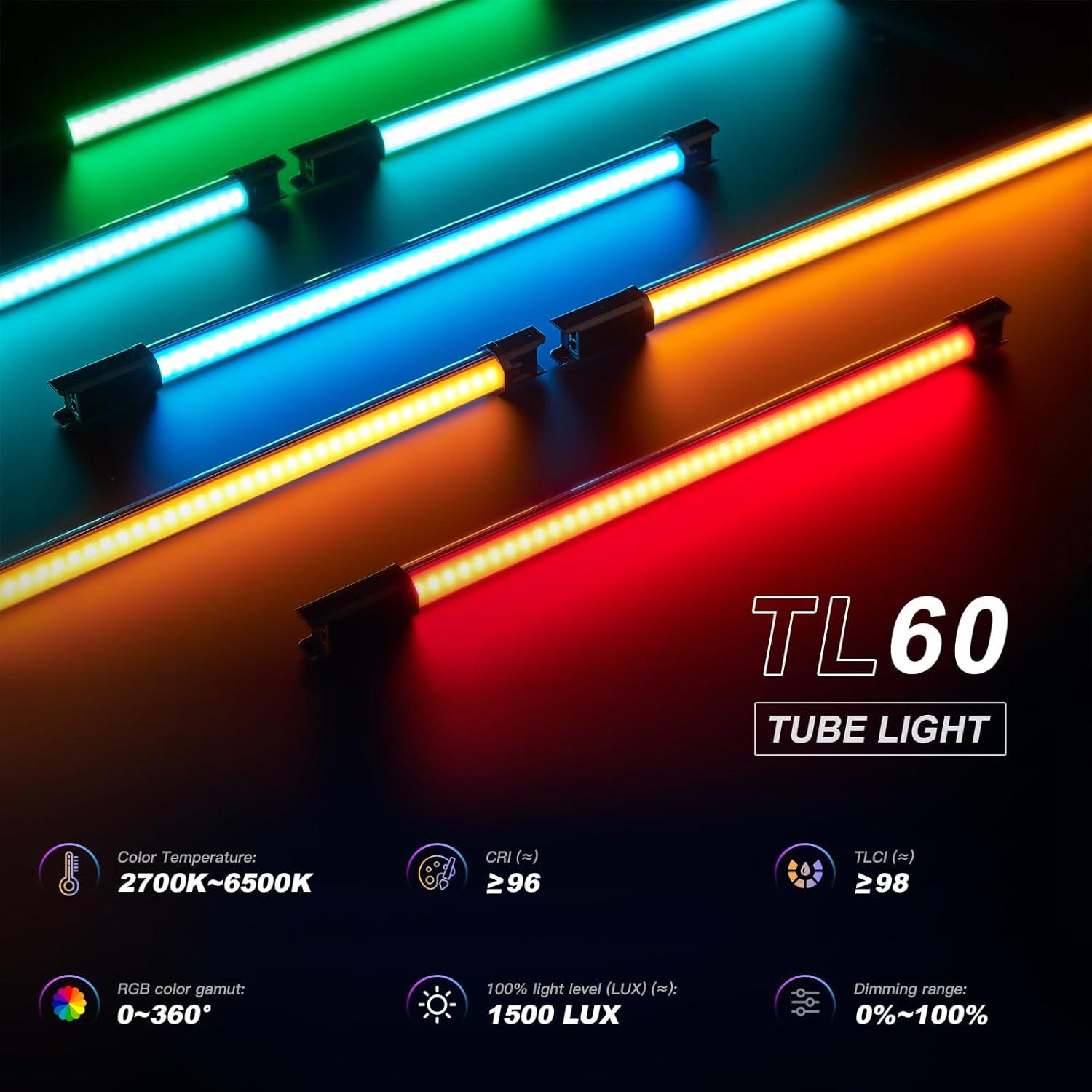 Godox 2Pack TL60 RGB Tube Light Kit Full Color Portable LED Video Light with 2600mAh Rechargeable Battery APP Control 2700K-6500K RGB CCT HSI Gel Mode 39 FX Effects for Photography TikTok YouTube