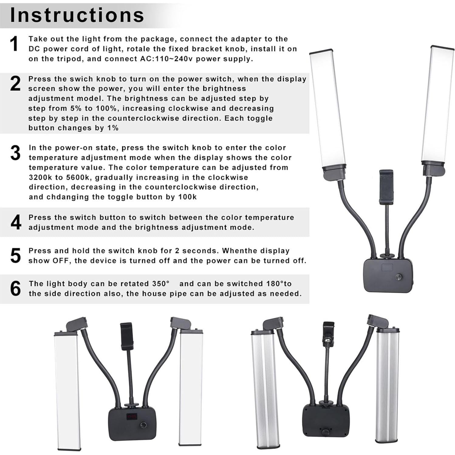Double Arms LED Video Light, Dual Arm LED Fill Light, 45W LED Video Light Portable with Phone Holder for Travel, Live Streaming, Outdoor Shooting, and Makeup. Adjustable Lighting