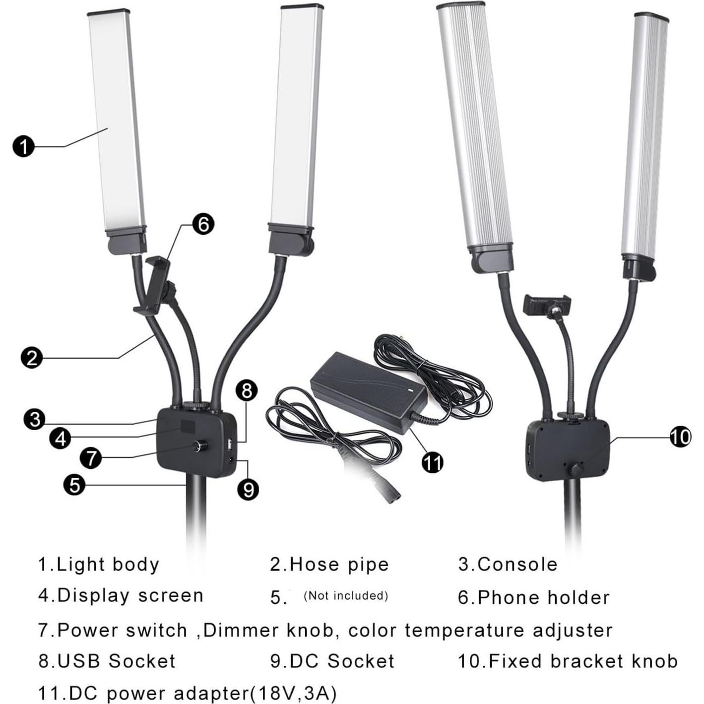 Double Arms LED Video Light, Dual Arm LED Fill Light, 45W LED Video Light Portable with Phone Holder for Travel, Live Streaming, Outdoor Shooting, and Makeup. Adjustable Lighting