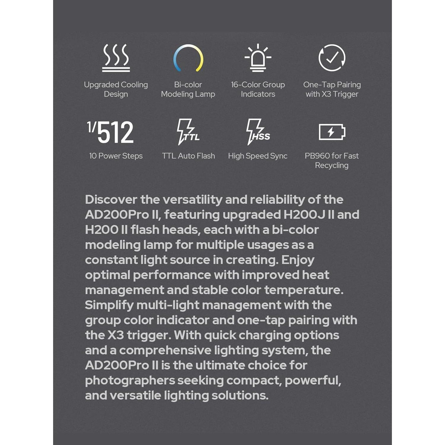 Flash Godox AD200 Pro II con Cabezas Mejoradas y LED Bicolor