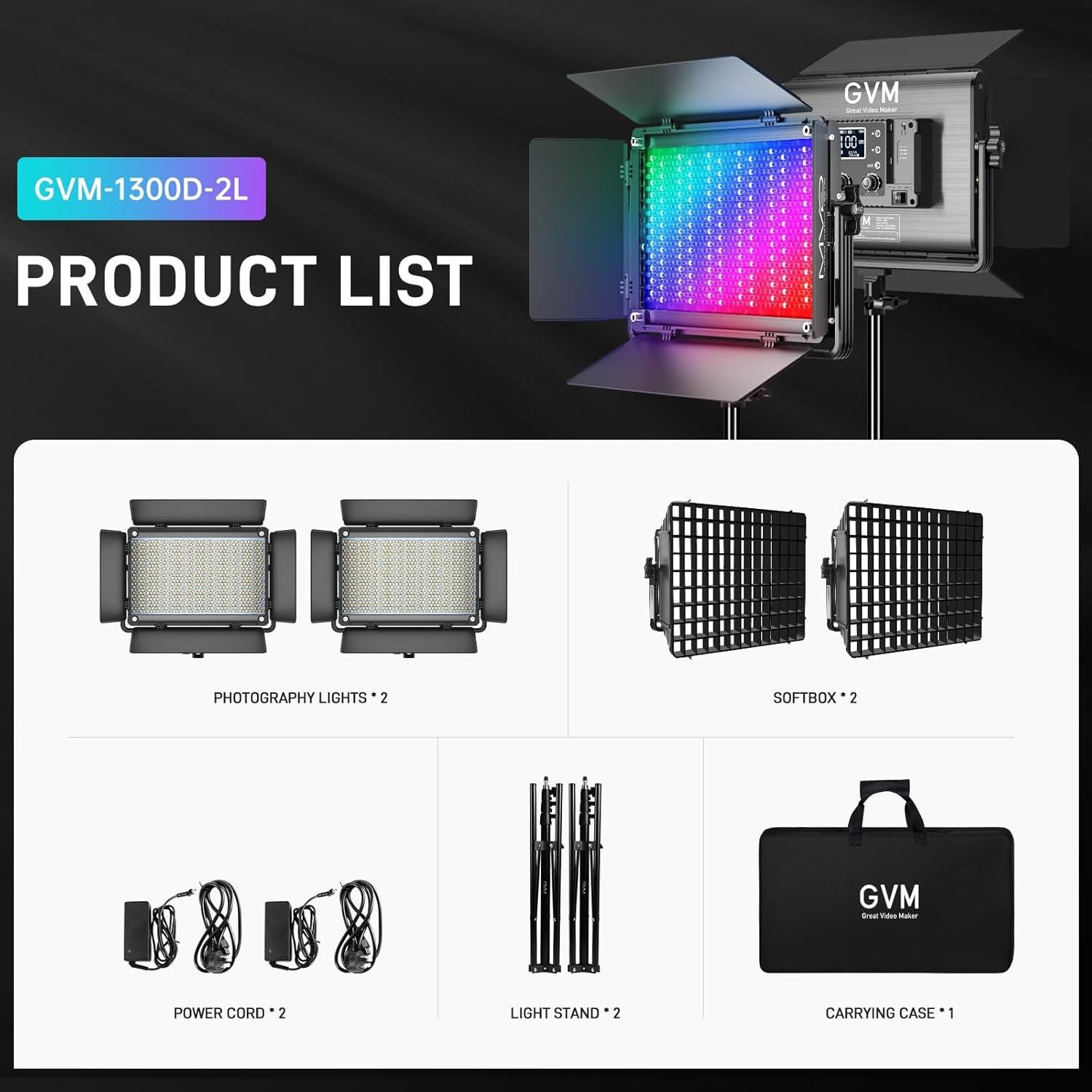 Kit de Iluminación LED RGB GVM 1300D con Softbox 65W