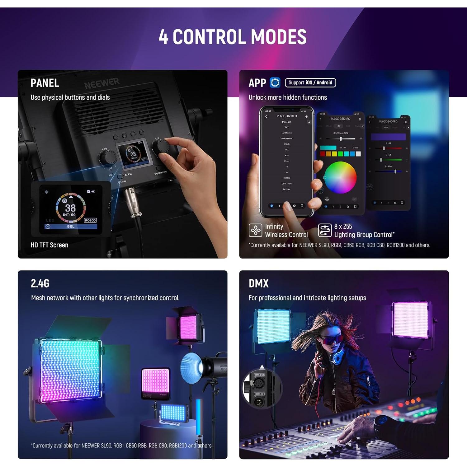 Panel de Luz LED RGB NEEWER PL60C 60W 23000Lux para Estudio