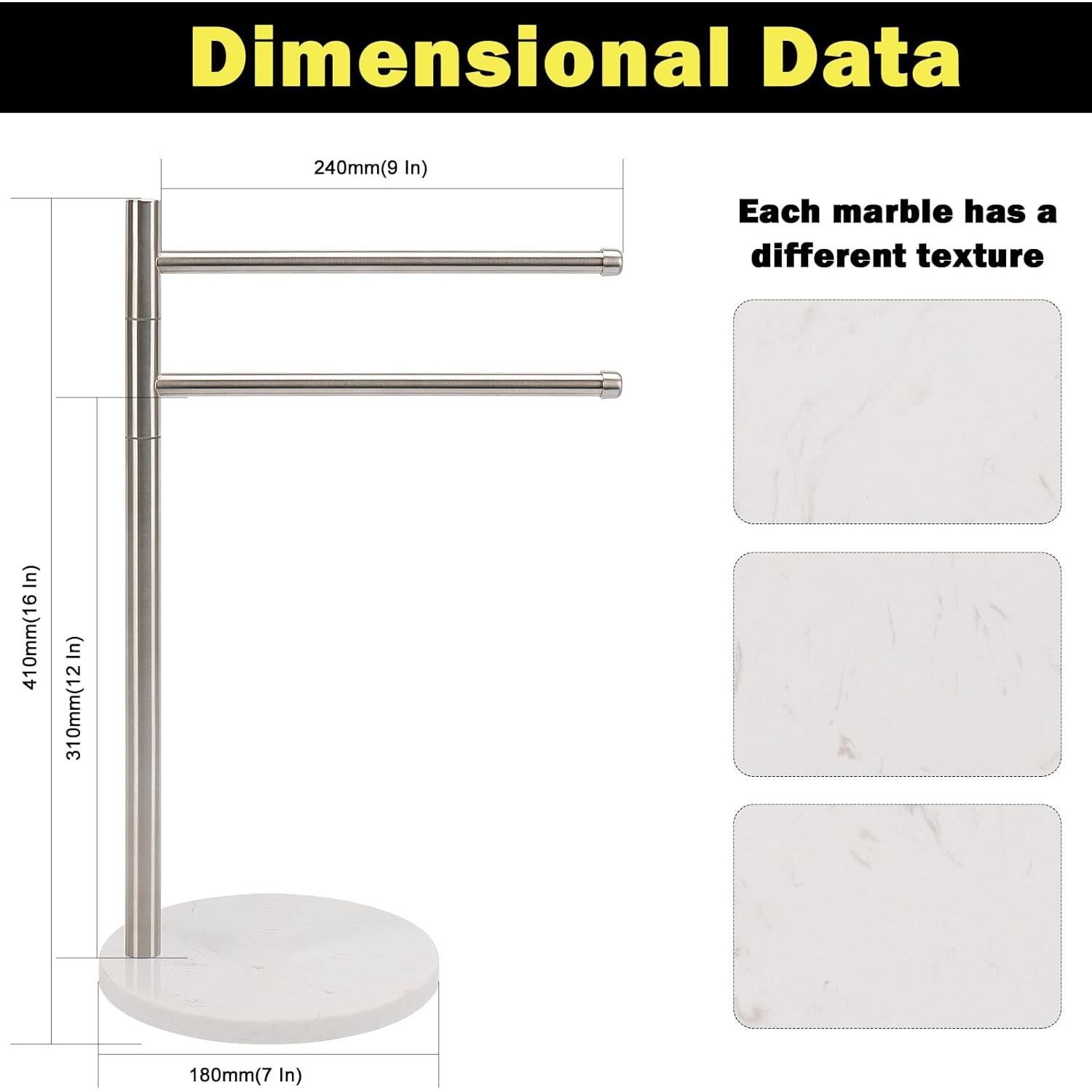 Soporte de Toalla de Mano Winmien con Base de Mármol 2 Brazos