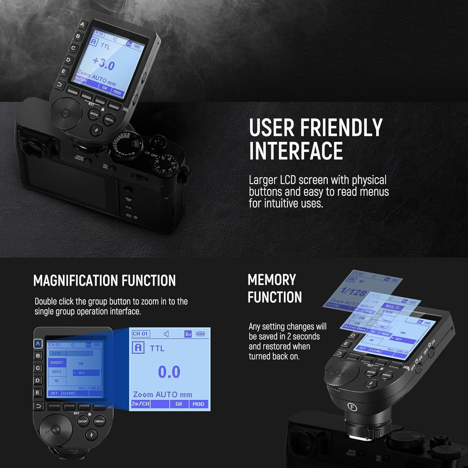 NEEWER Upgraded QPRO-F TTL Wireless Flash Trigger Compatible with Fujifilm 1/8000s HSS Slanted Large Screen 5 Group 9 Customizable Functions for Q4 Q3 Z2 Z1 Z760 NW760 S101-300W PRO/400W PRO