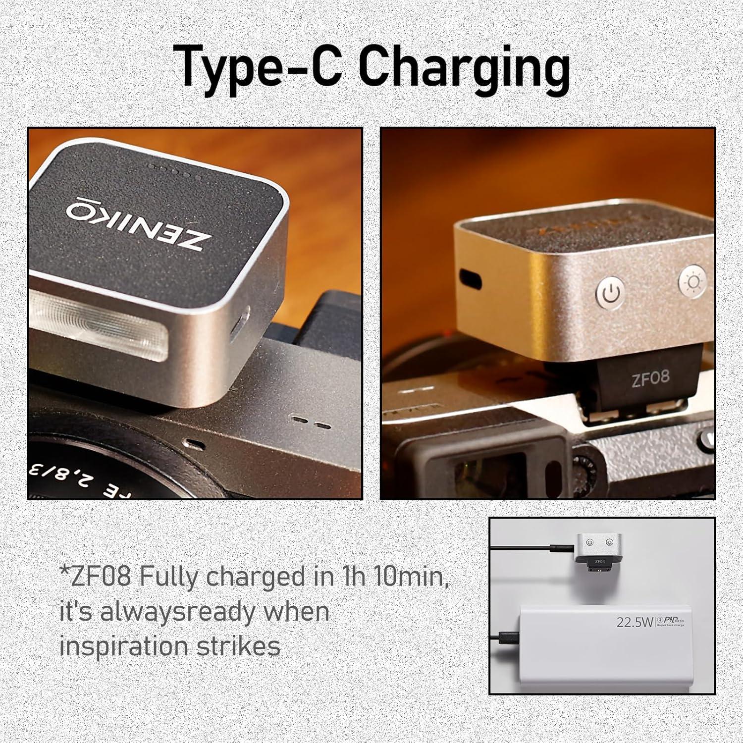 Flash Mini Speedlite ZENIKO ZF08 - Potencia Ajustable, Carga Tipo-C