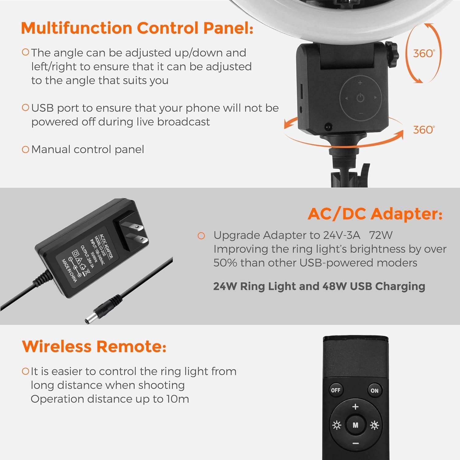 Luz de Anillo LED 30.48 cm AGOGO 24W con Trípode y Soporte