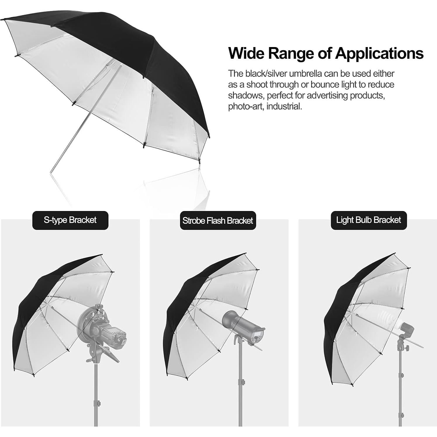 EMART 2 Pack 33inch Professional Photography Studio Photo Lighting Flash Reflective Black/Silver Umbrella