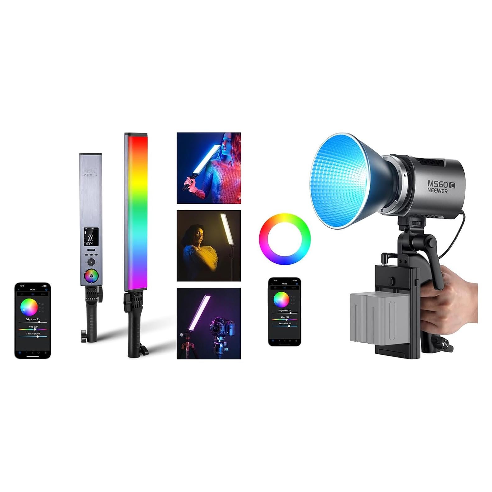 Luz de Video RGBWW NEEWER MS60C 65W Compacta con Varita BH30S