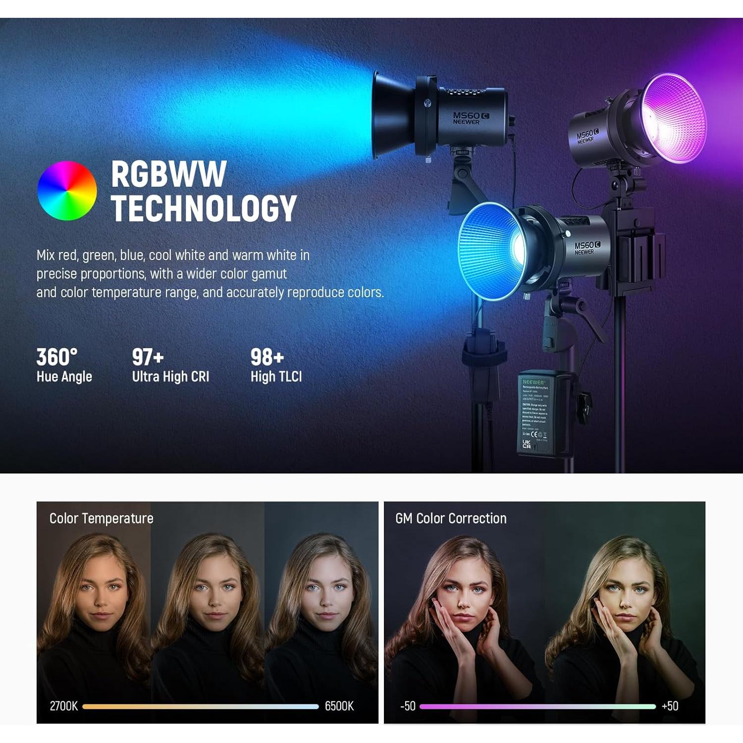 Luz de Video RGBWW NEEWER MS60C 65W Compacta con Varita BH30S