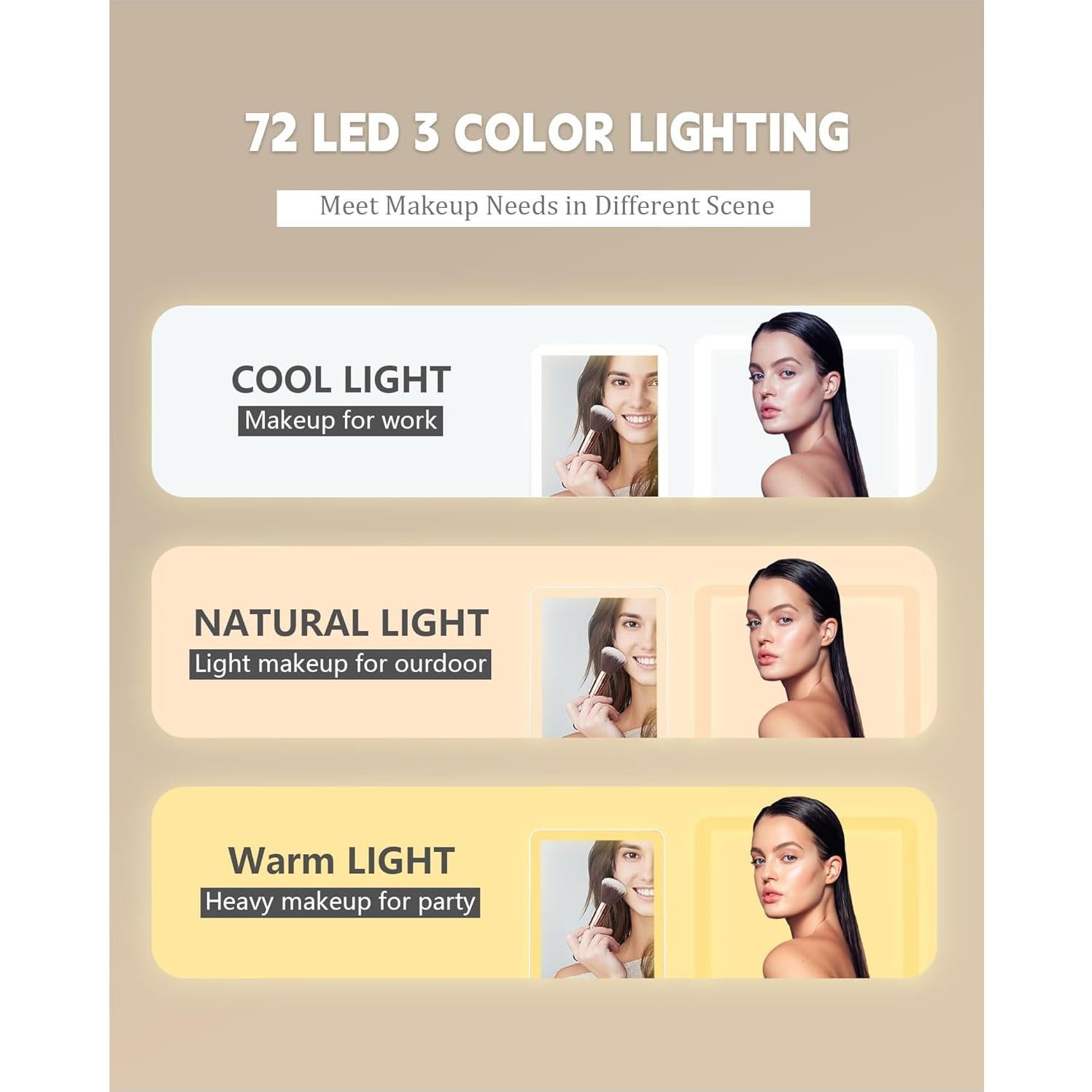 Espejo de Viaje Dec.Metu 20x13 cm 72 LEDs 3 Colores Luz