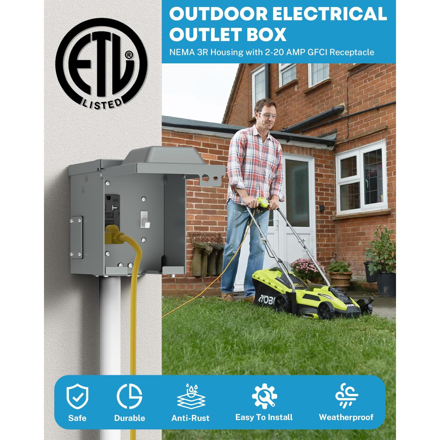 Caja Eléctrica Exterior Impermeable Kohree 20 Amperios GFCI