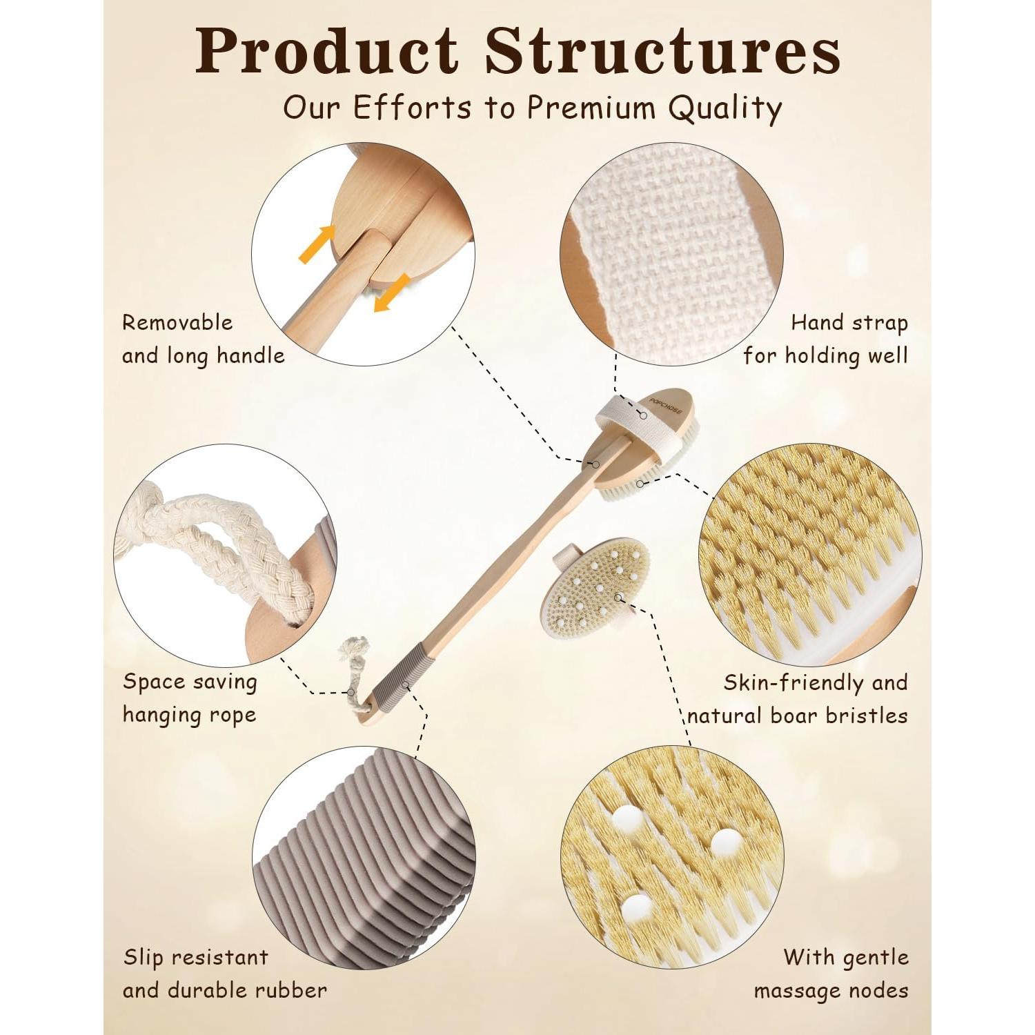 Cepillo Corporal Exfoliador POPCHOSE con Mango Largo y Dobles Cabezas