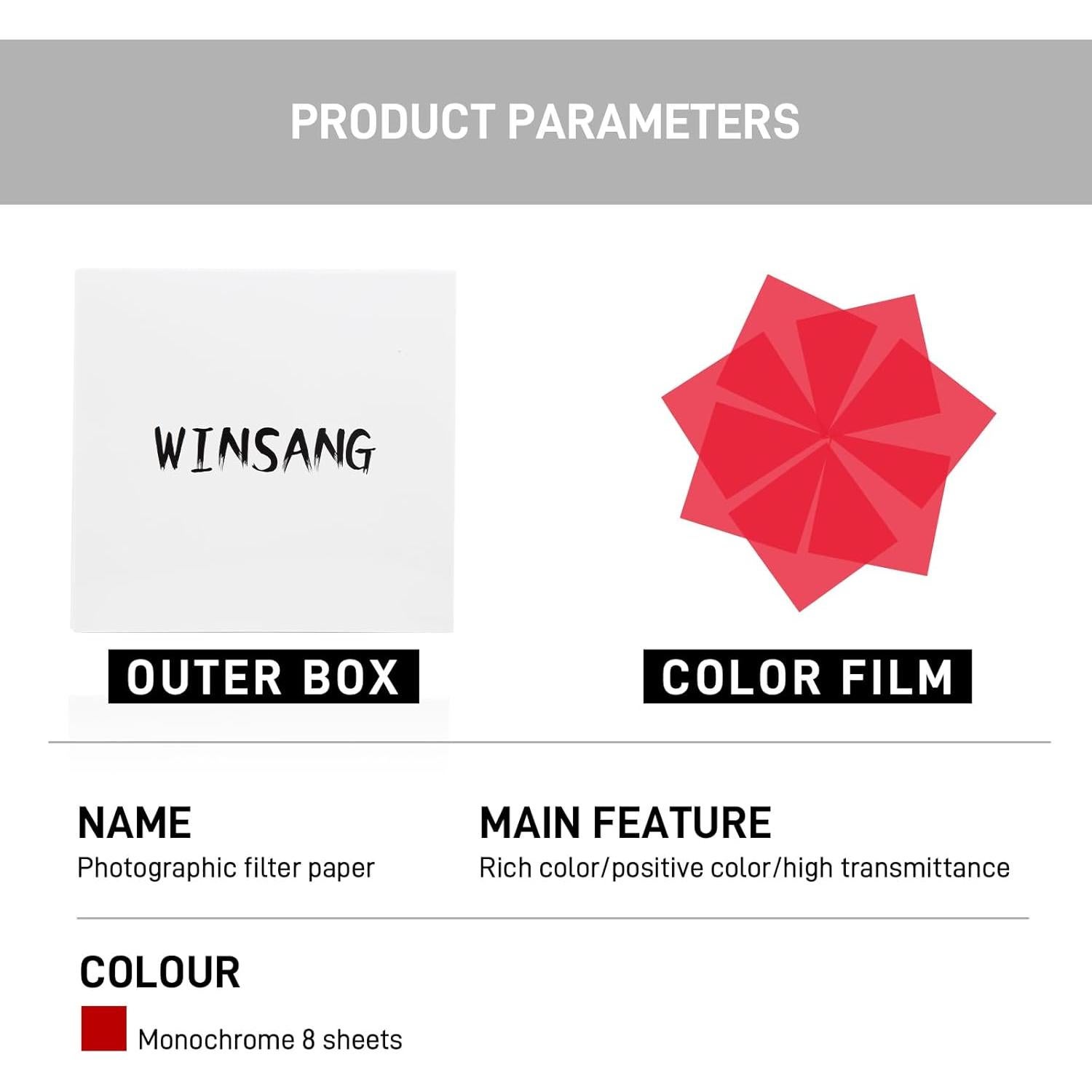 Filtros de Luz de Gel Winsang WS-2 20x20cm 8 Piezas Rojas