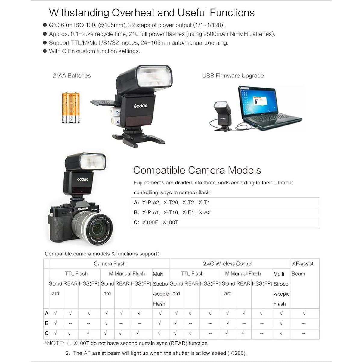 Flash Godox TT350F TTL GN36 para Cámaras Fuji con Accesorios