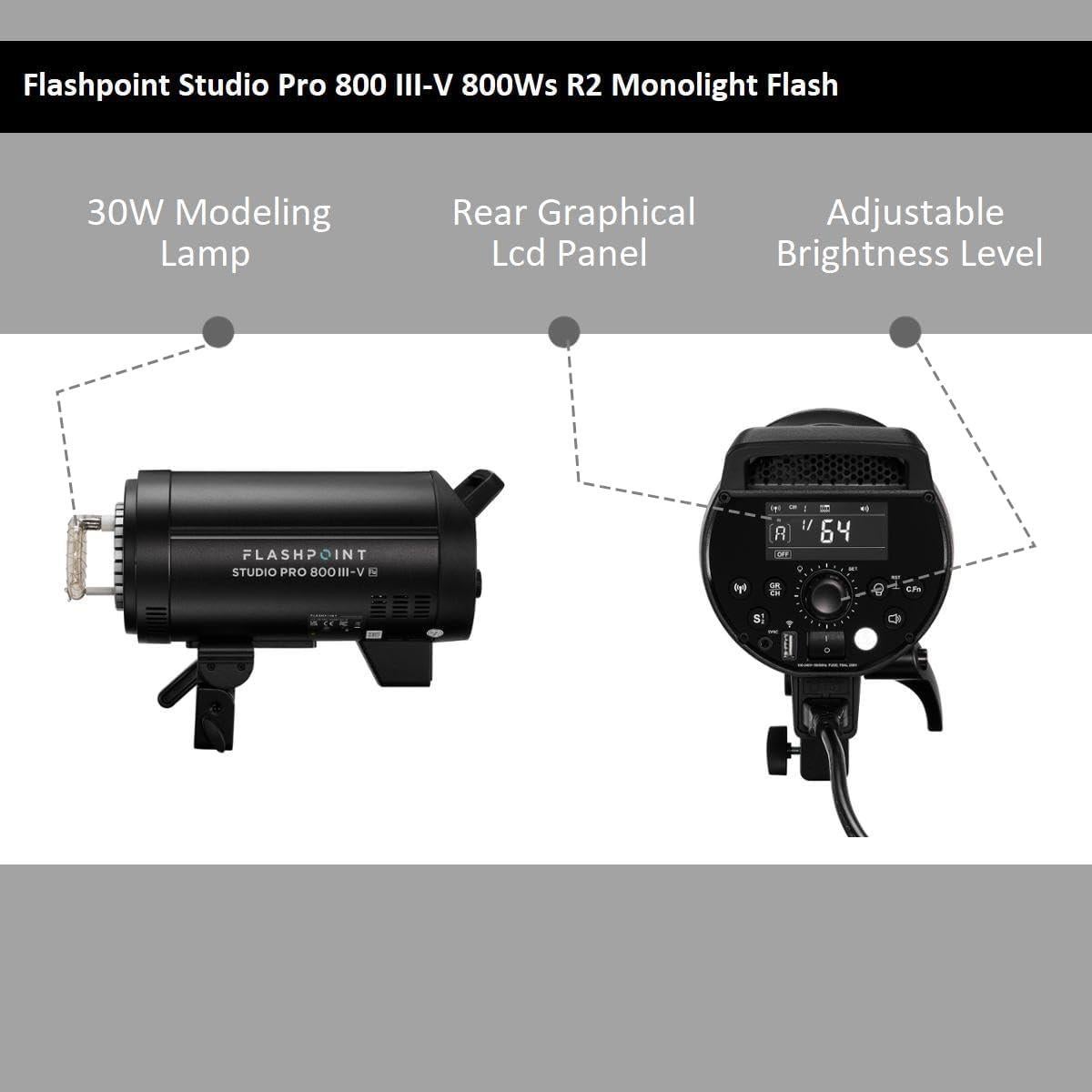Flashpoint Studio Pro 800 III-V 800W R2 Flash 2-Light Kit with LED Lamp, Bundle with Stands, Softbox and Umbrella