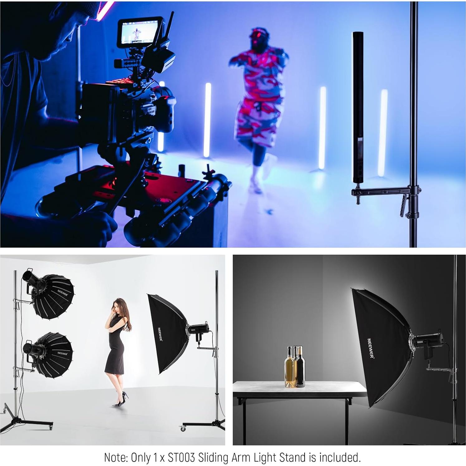 NEEWER 88"/224cm Light Stand Stainless Steel Heavy Duty with Pistol Grip, Sliding Arm, Detachable Caster, Folding Leg, 1/4" 5/8" Spigot, Photography Flash/Ring Light Stand, Max Load 22lb/10kg, ST003