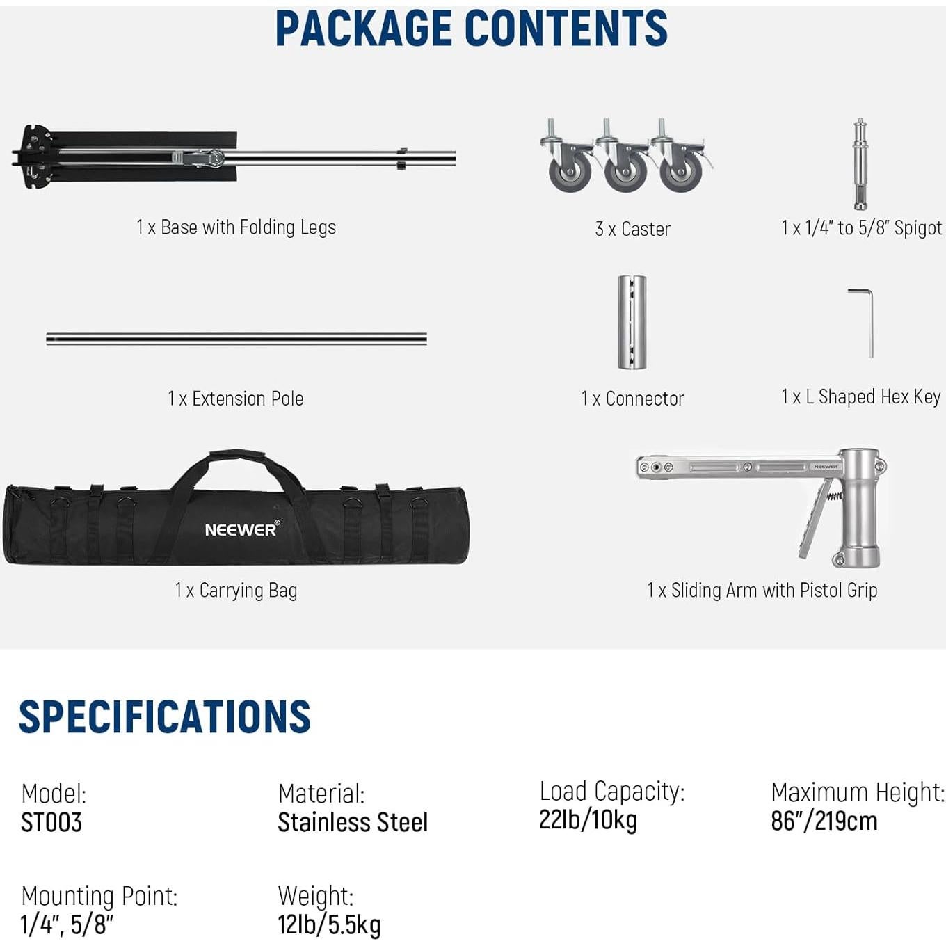 NEEWER 88"/224cm Light Stand Stainless Steel Heavy Duty with Pistol Grip, Sliding Arm, Detachable Caster, Folding Leg, 1/4" 5/8" Spigot, Photography Flash/Ring Light Stand, Max Load 22lb/10kg, ST003