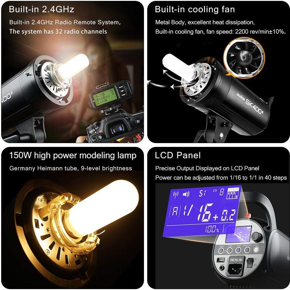 Flash Estroboscópico Godox SK400II 400W GN65 5600K para Estudio