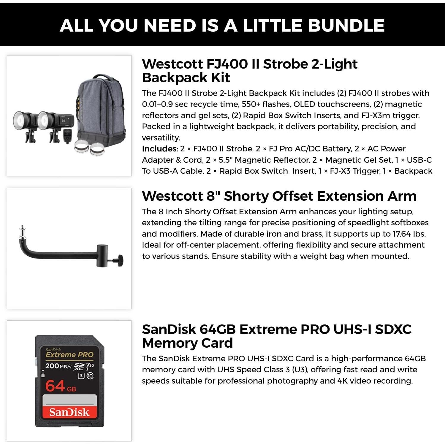 Kit de mochila 2 luces Westcott FJ400 II Strobe + disparador FJ-X3