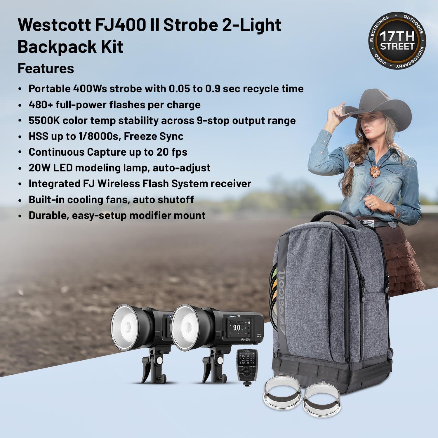 Kit de mochila 2 luces Westcott FJ400 II Strobe + disparador FJ-X3