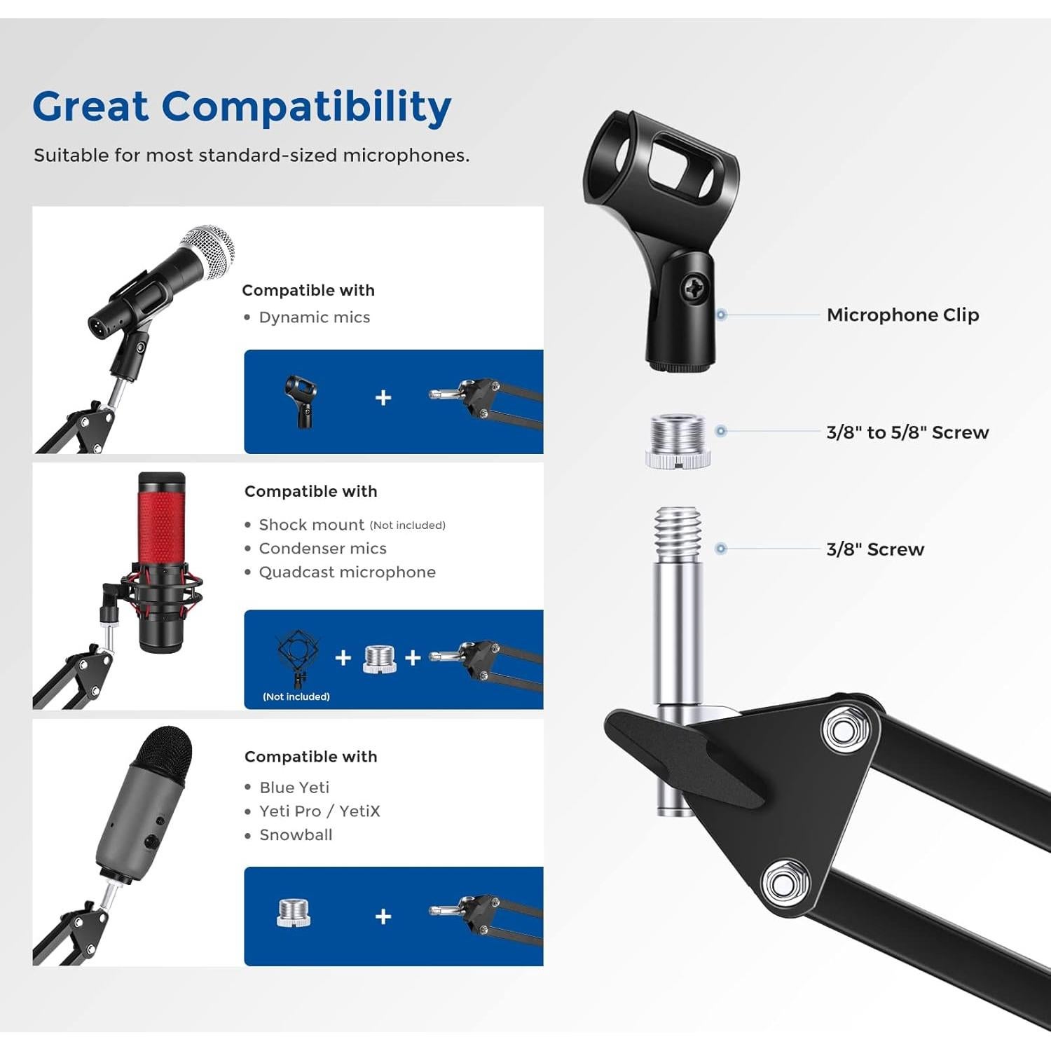 Microphone Arm Stand, Suspension Boom Scissor Mic Arm Stand with 3/8” to 5/8” Screw and Cable Ties Compatible with Blue Yeti, Snowball, Yeti X, Quadcast and Other Mics, Max Load 1.5kg