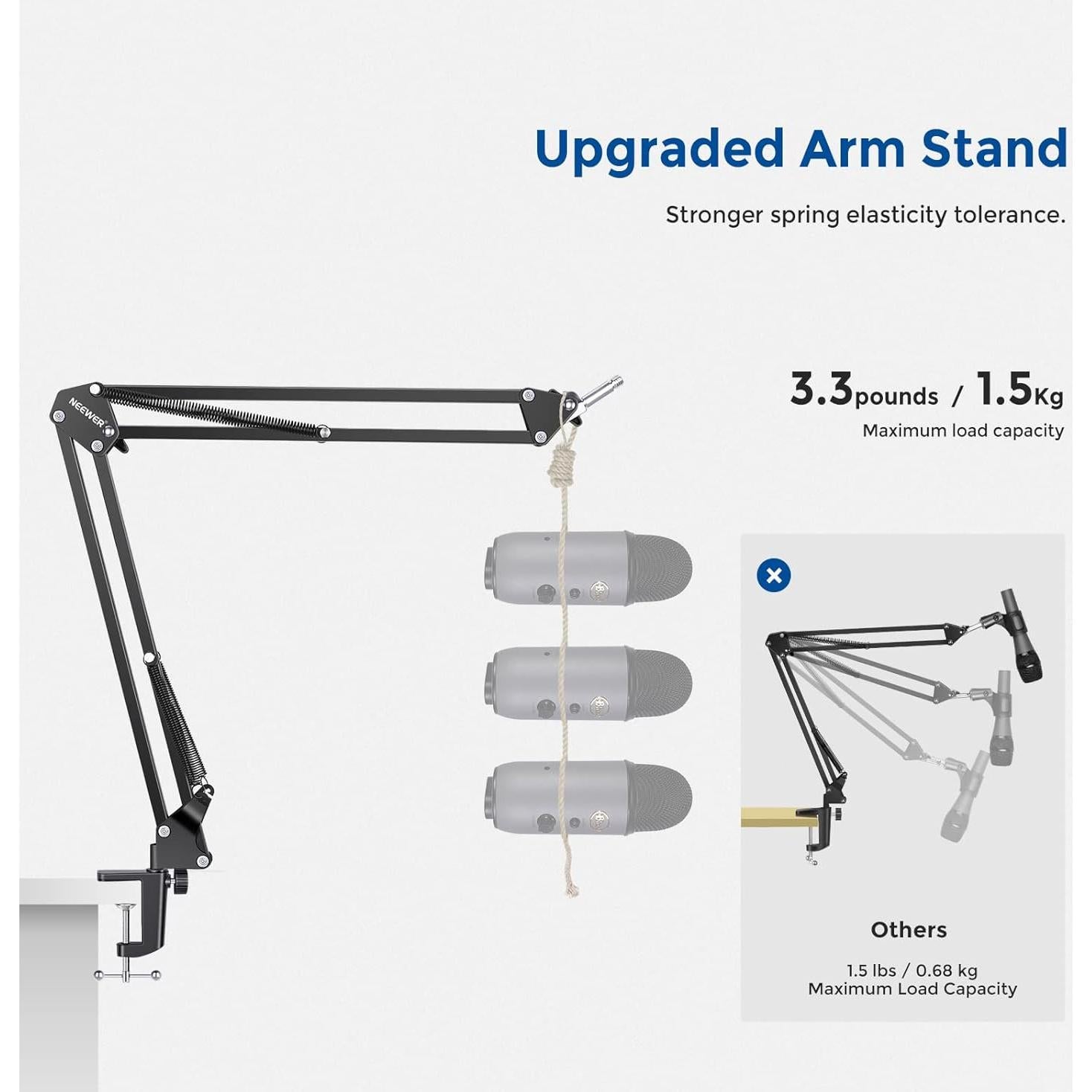 Microphone Arm Stand, Suspension Boom Scissor Mic Arm Stand with 3/8” to 5/8” Screw and Cable Ties Compatible with Blue Yeti, Snowball, Yeti X, Quadcast and Other Mics, Max Load 1.5kg
