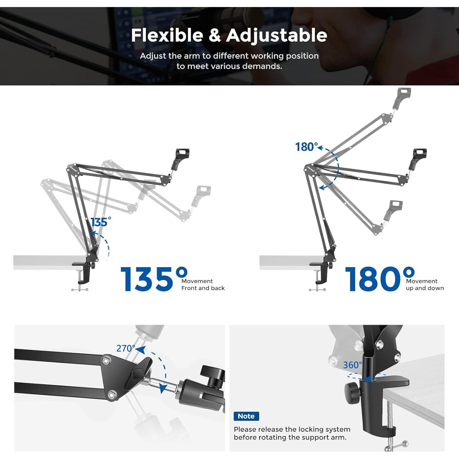 Microphone Arm Stand, Suspension Boom Scissor Mic Arm Stand with 3/8” to 5/8” Screw and Cable Ties Compatible with Blue Yeti, Snowball, Yeti X, Quadcast and Other Mics, Max Load 1.5kg