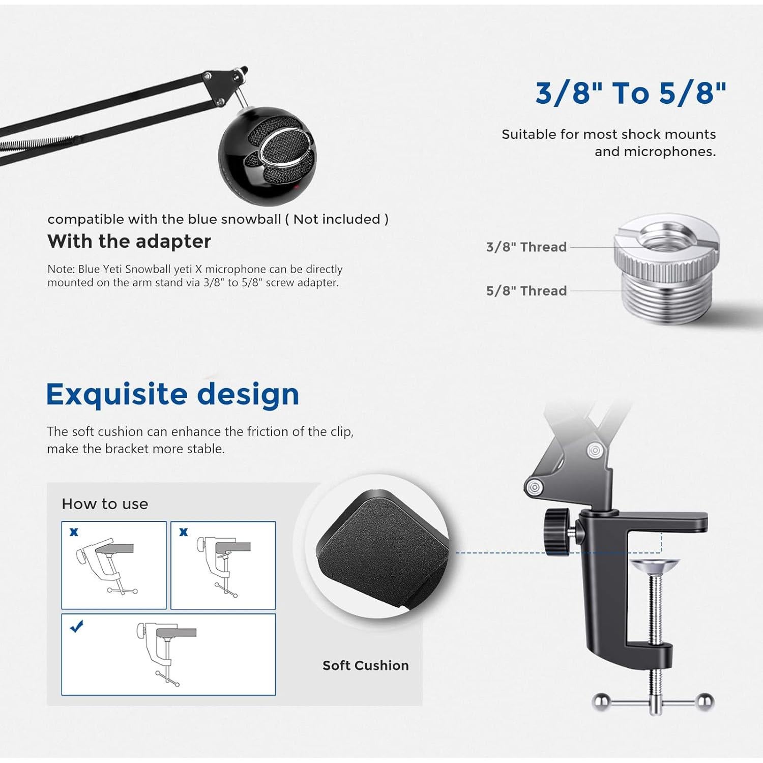 Microphone Arm Stand, Suspension Boom Scissor Mic Arm Stand with 3/8” to 5/8” Screw and Cable Ties Compatible with Blue Yeti, Snowball, Yeti X, Quadcast and Other Mics, Max Load 1.5kg