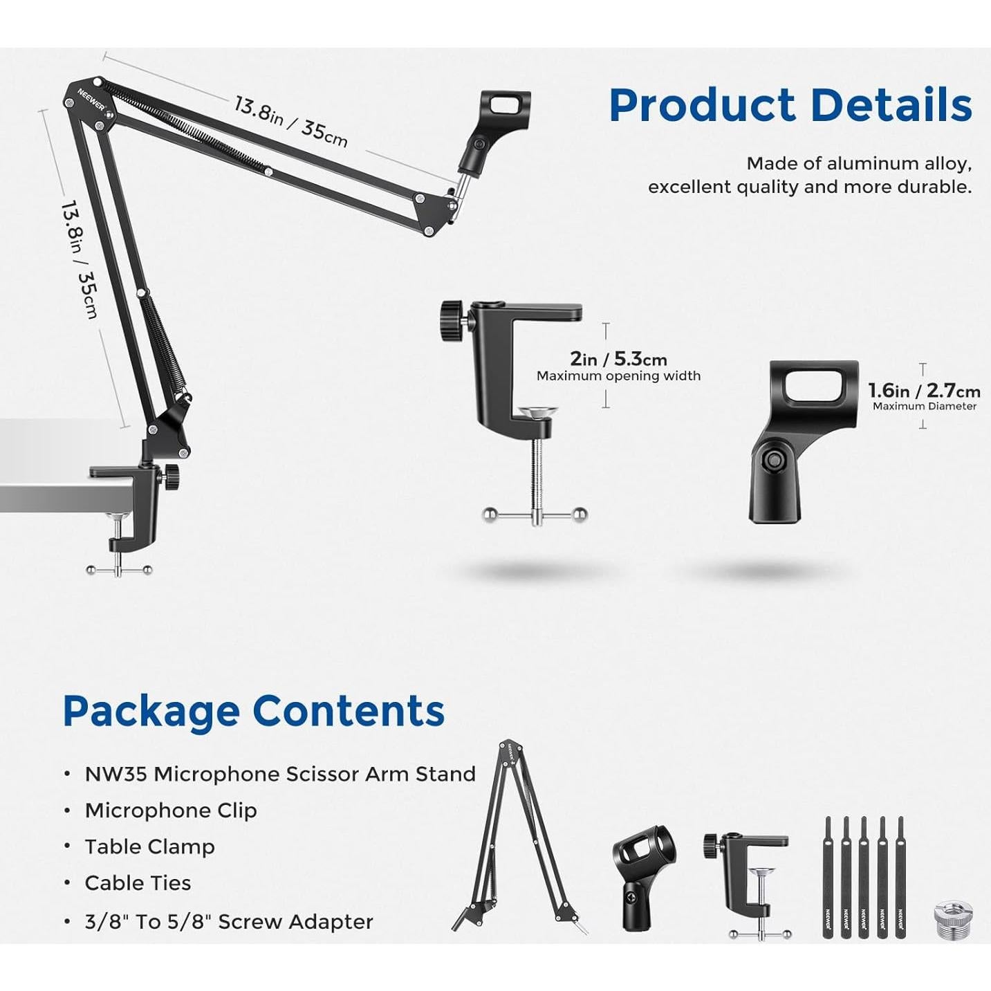 Microphone Arm Stand, Suspension Boom Scissor Mic Arm Stand with 3/8” to 5/8” Screw and Cable Ties Compatible with Blue Yeti, Snowball, Yeti X, Quadcast and Other Mics, Max Load 1.5kg