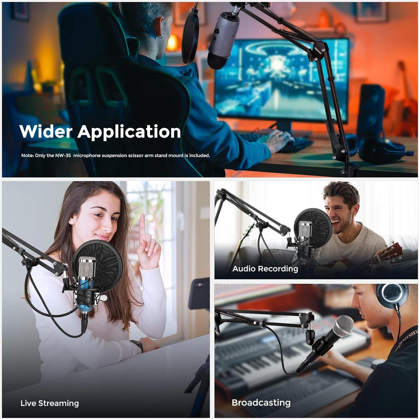 Microphone Arm Stand, Suspension Boom Scissor Mic Arm Stand with 3/8” to 5/8” Screw and Cable Ties Compatible with Blue Yeti, Snowball, Yeti X, Quadcast and Other Mics, Max Load 1.5kg