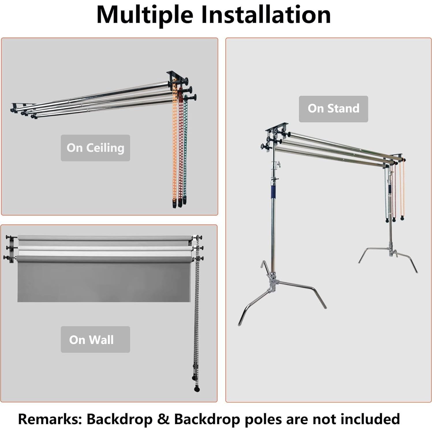 Photography Backdrop Roller Support System, 3 Rollers, Wall/Celing/Light Stand Backdrop Mount, Background Support