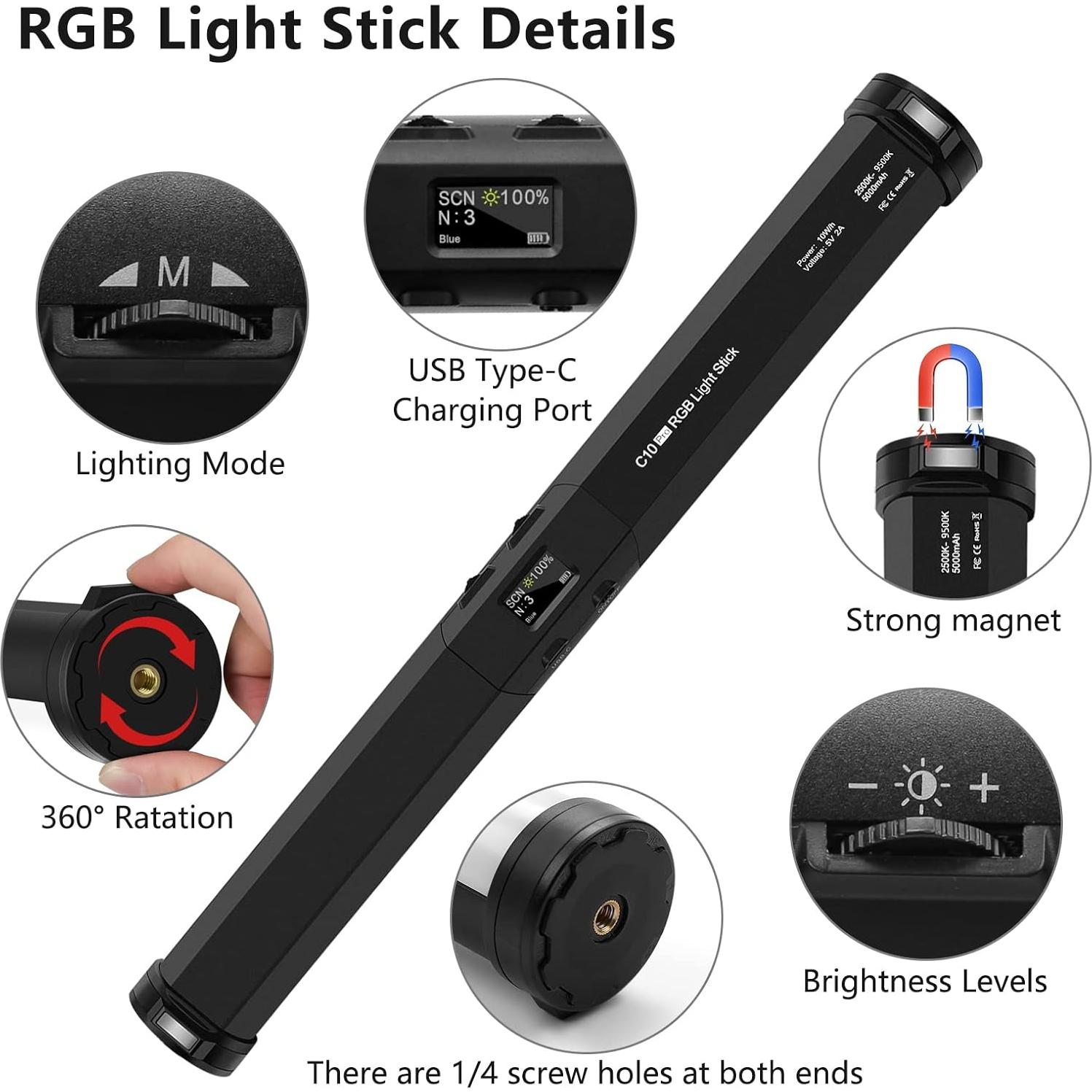 Varita de Luz LED RGB QEUOOIY 2 Pcs con Soporte 64cm