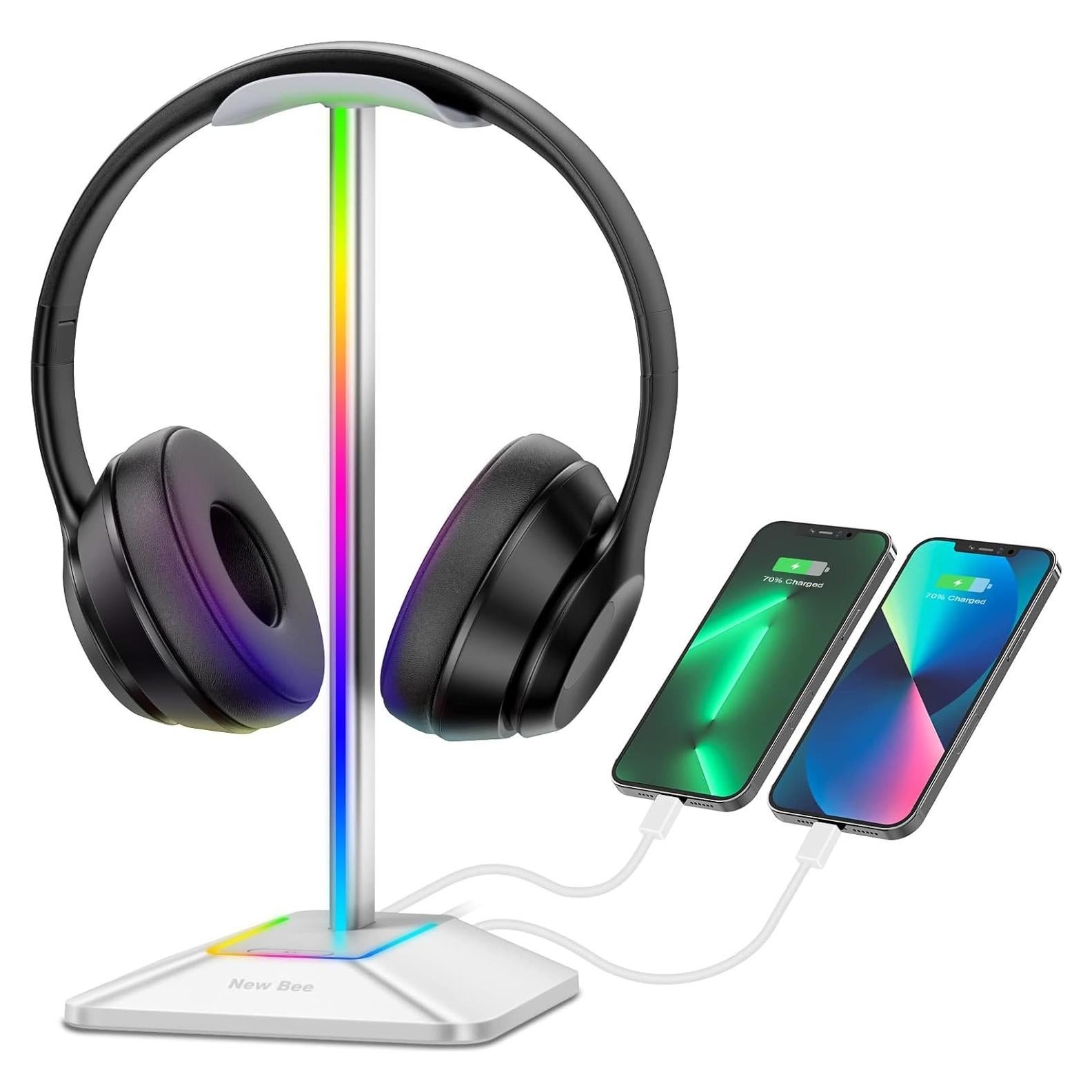 Soporte para Auriculares RGB New bee Z8 Plata con 2 Puertos USB