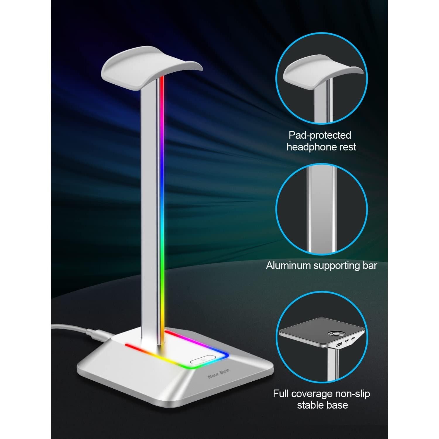 Soporte para Auriculares RGB New bee Z8 Plata con 2 Puertos USB