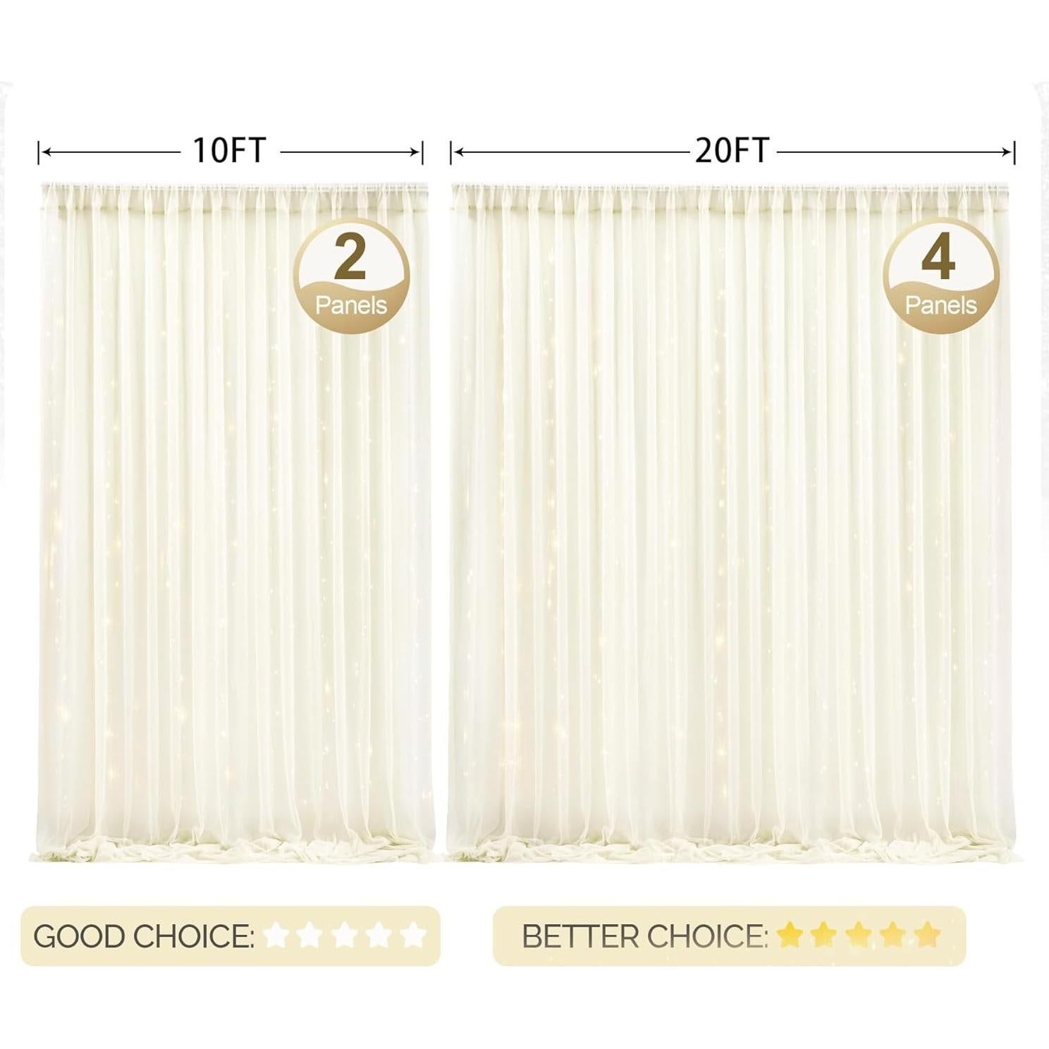 Cortina de tul marfil con luces LED 2 paneles 5x10 pies