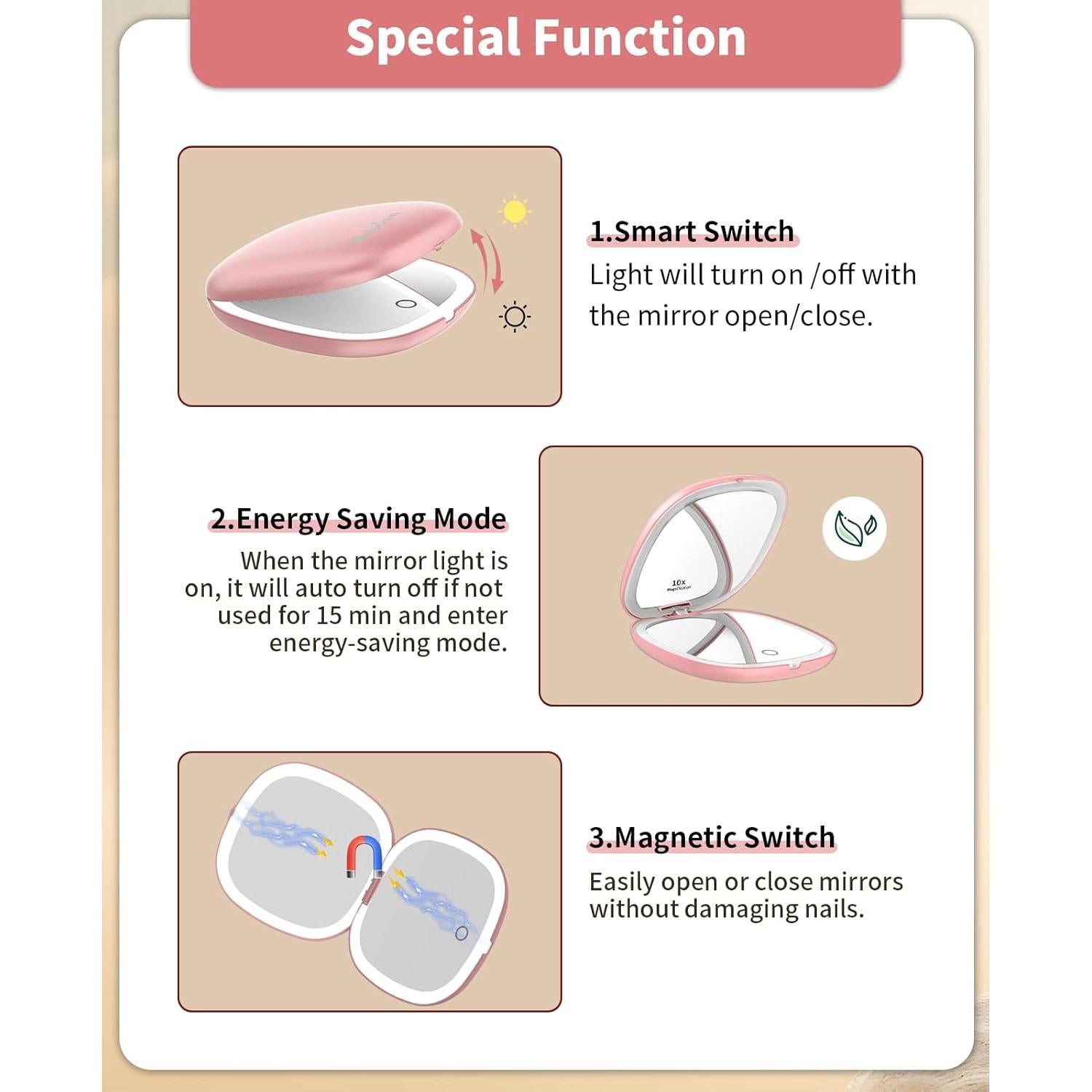 Espejo de Viaje Wobsion Oro Rosa 1x/10x con Luz LED