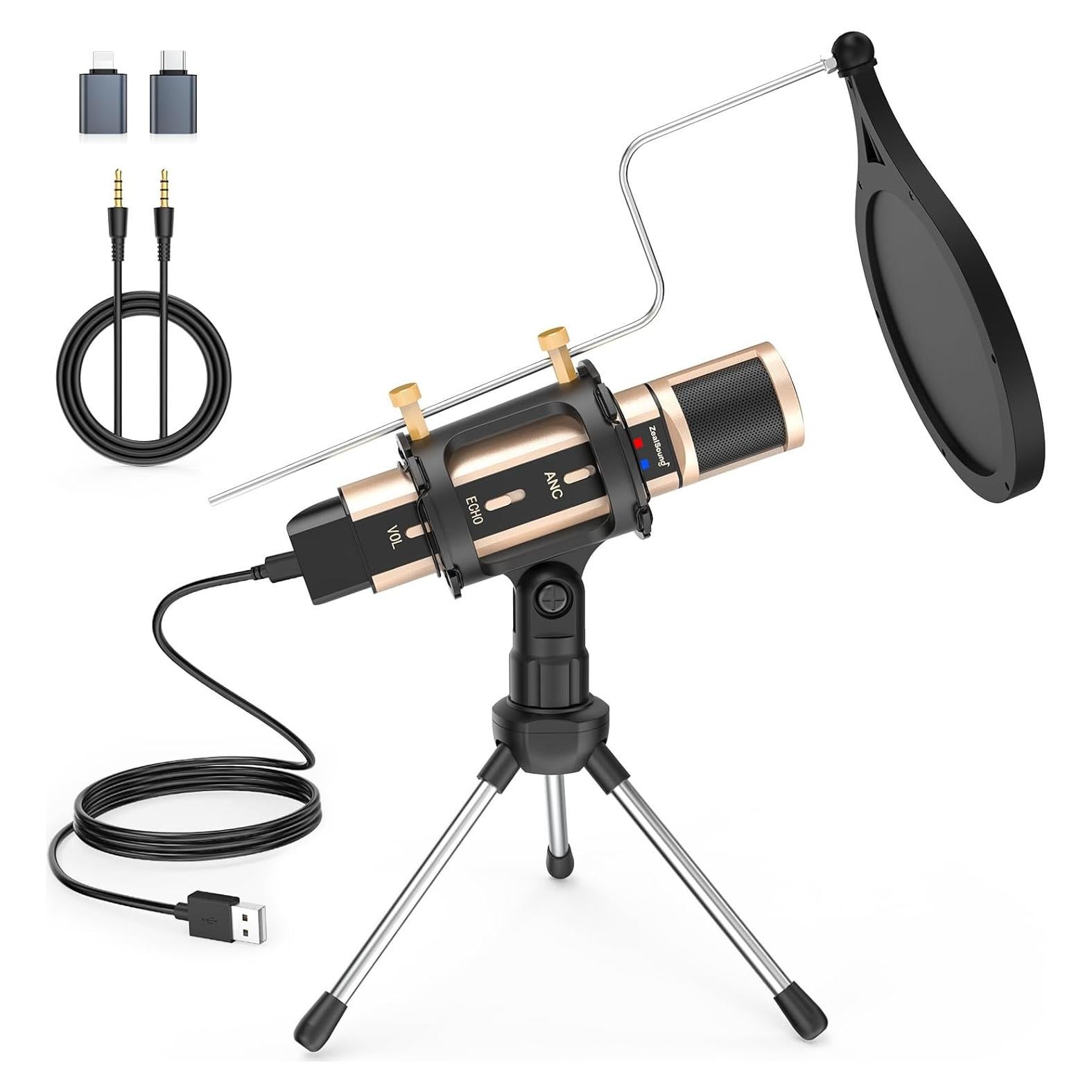 Micrófono USB ZealSound K08T Oro con Adaptador Type-C y Soporte