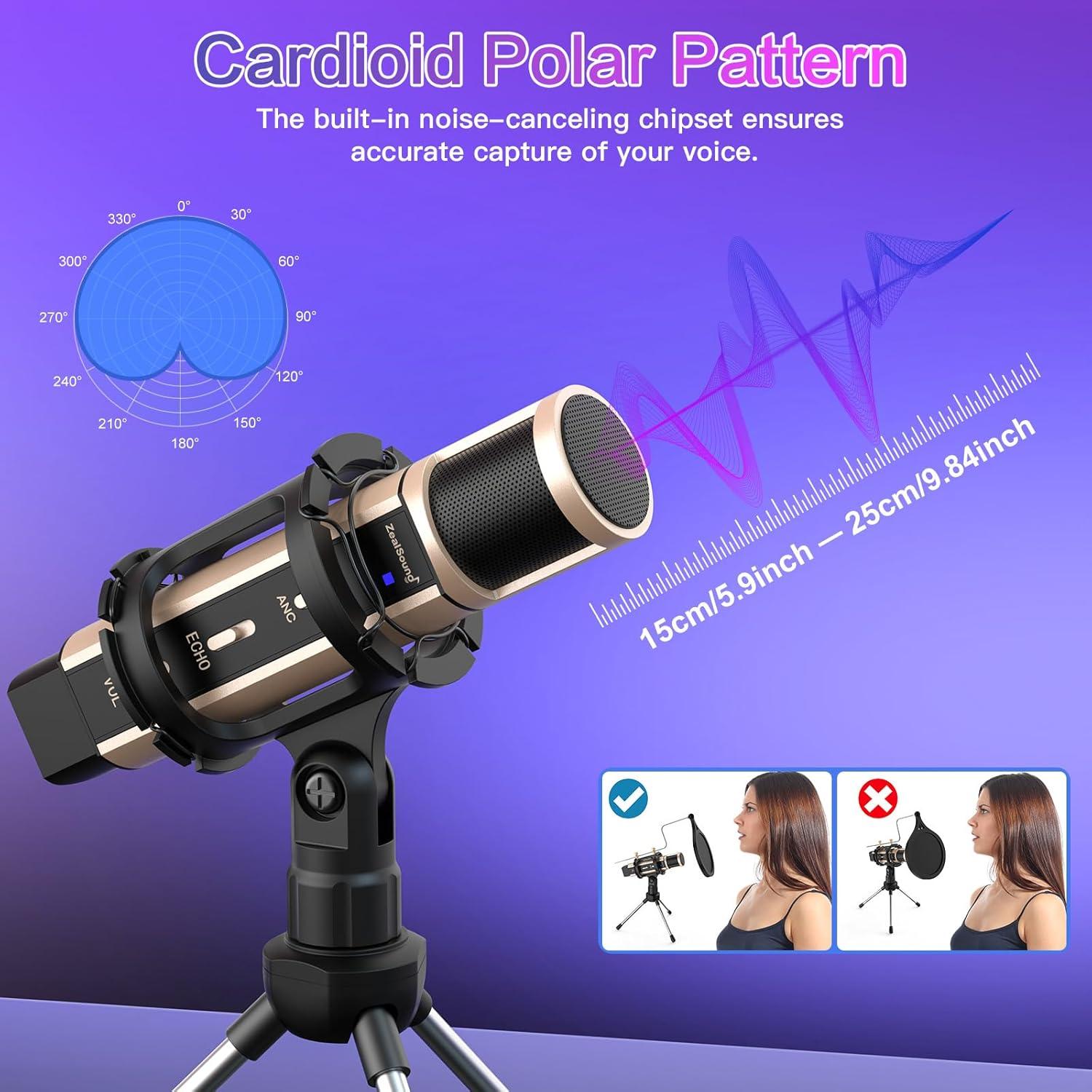 Micrófono USB ZealSound K08T Oro con Adaptador Type-C y Soporte