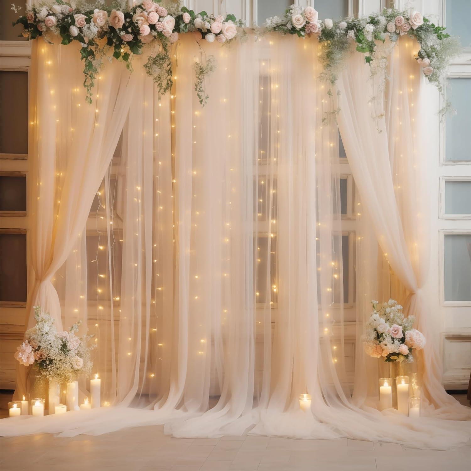 Cortina de Tulle Champagne 3.05x3.05m con Luces para Fiestas