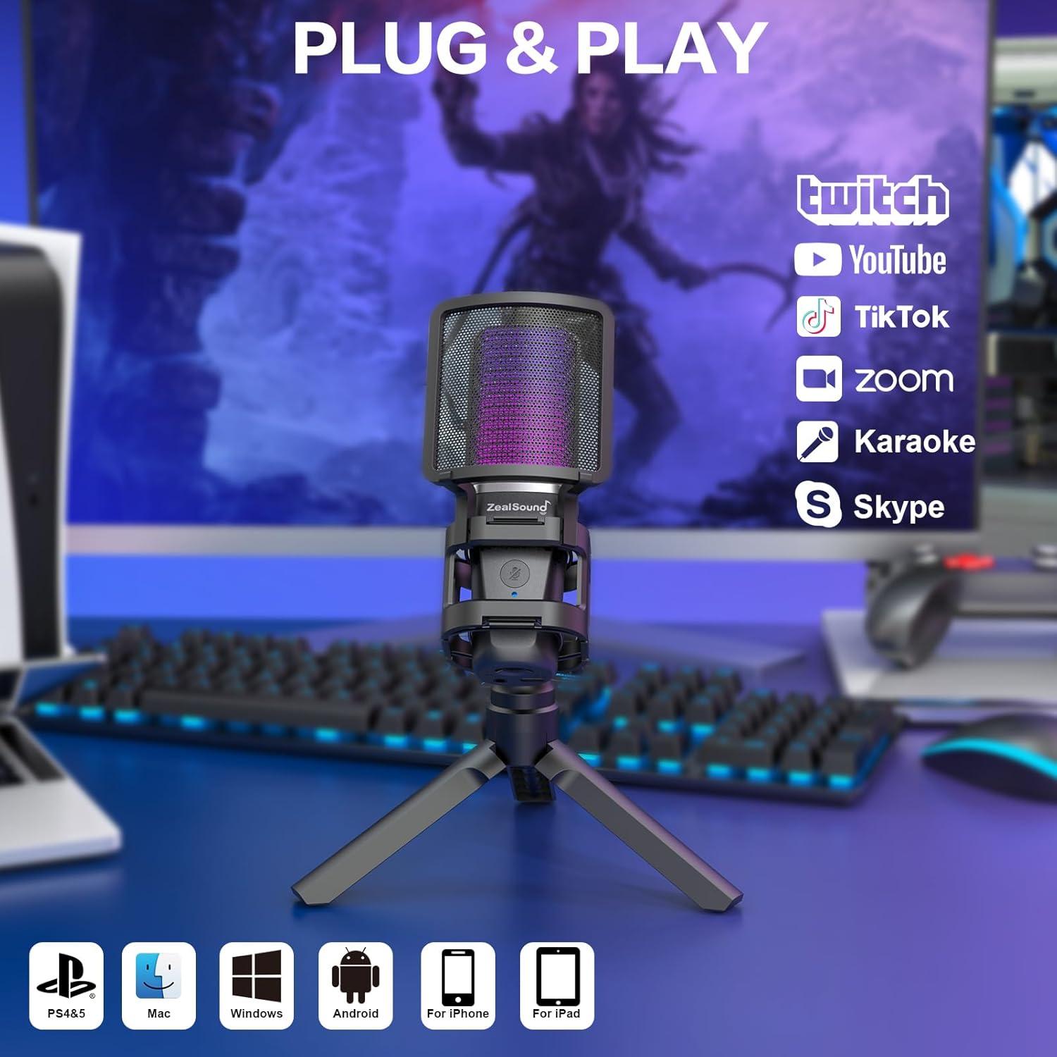 Micrófono USB Gaming ZealSound A68 Pro RGB Cardioide