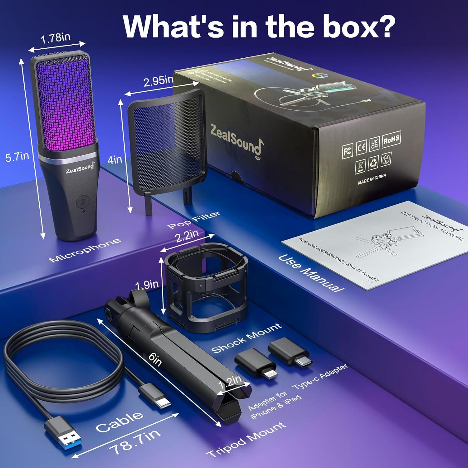 Micrófono USB Gaming ZealSound A68 Pro RGB Cardioide
