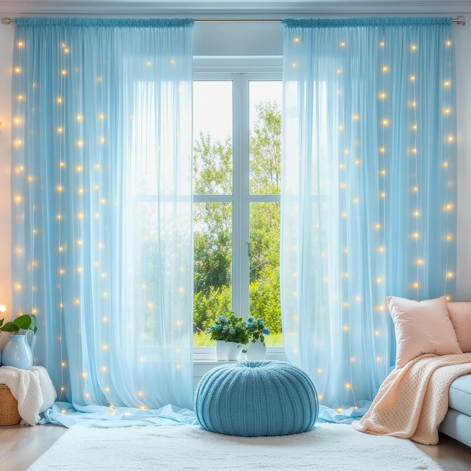 Cortinas de Tulle Azul con Luces 2 Paneles 1.52x3.05m