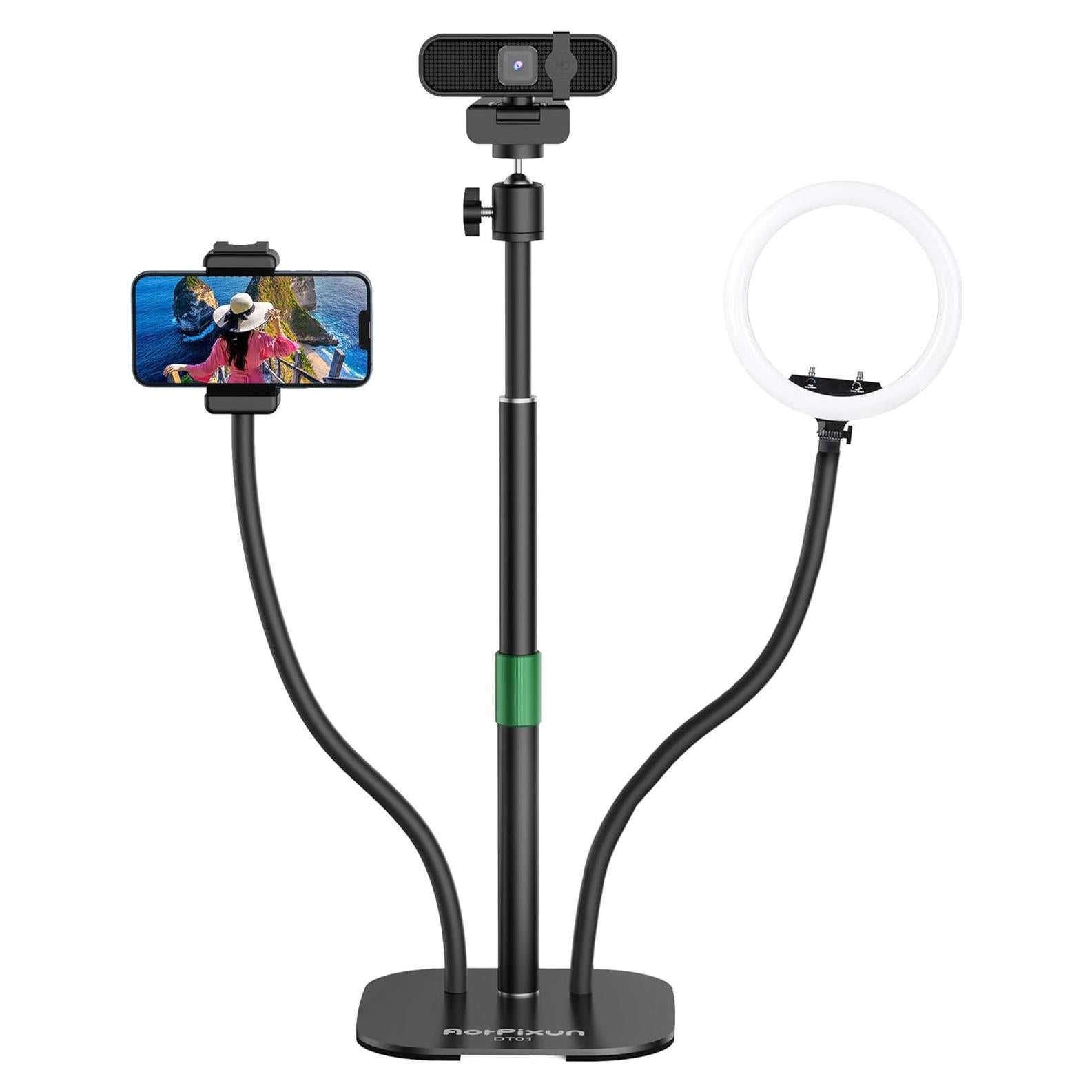 Webcam Stand for Desk 3 in 1 Flexible Webcam Mount Computer Camera Stand Desktop Microphone Stand with Phone Clip for Logitech Webcam Series, Ring Light, Phone, Mic and 1/4" Screw Device