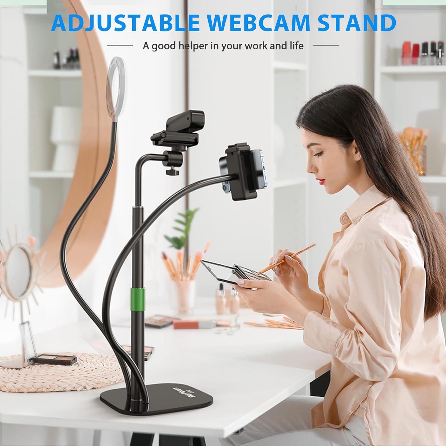 Webcam Stand for Desk 3 in 1 Flexible Webcam Mount Computer Camera Stand Desktop Microphone Stand with Phone Clip for Logitech Webcam Series, Ring Light, Phone, Mic and 1/4" Screw Device