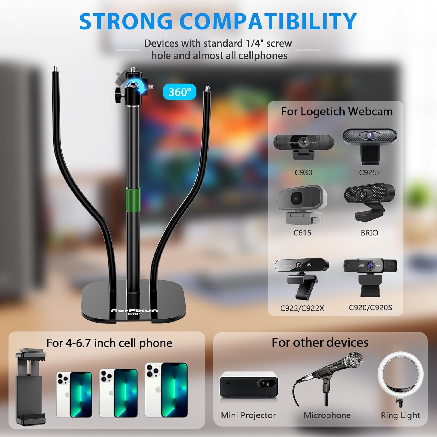 Webcam Stand for Desk 3 in 1 Flexible Webcam Mount Computer Camera Stand Desktop Microphone Stand with Phone Clip for Logitech Webcam Series, Ring Light, Phone, Mic and 1/4" Screw Device