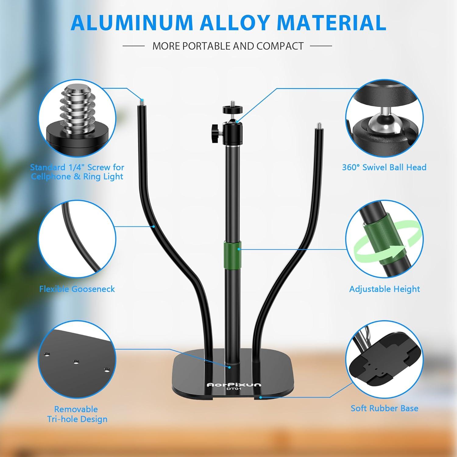 Webcam Stand for Desk 3 in 1 Flexible Webcam Mount Computer Camera Stand Desktop Microphone Stand with Phone Clip for Logitech Webcam Series, Ring Light, Phone, Mic and 1/4" Screw Device