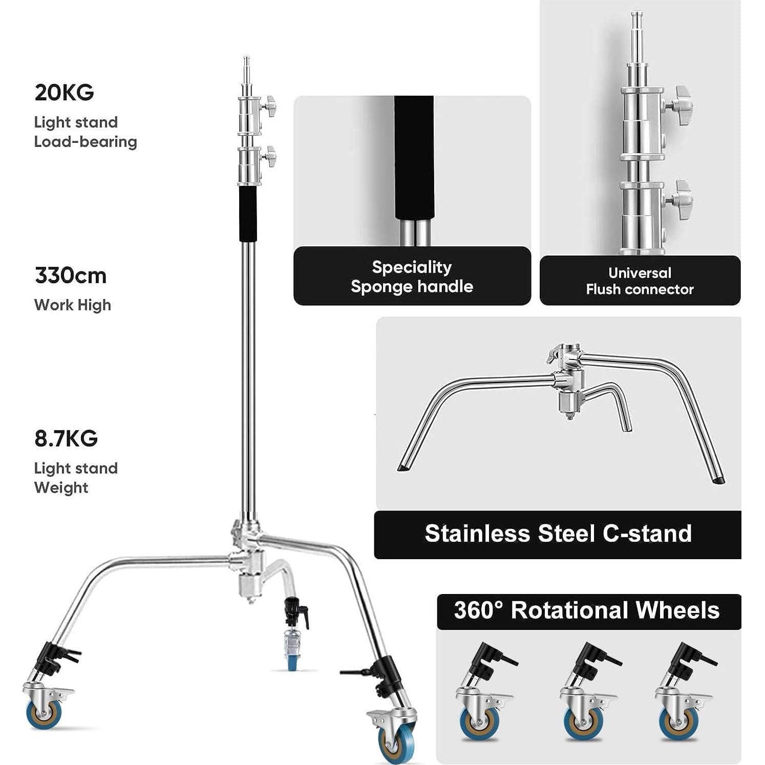 Heavy Duty C Stand 11.3ft/345cm Light Stand with 4.2ft/128cm Boom Arm Wheels Sturdy Stainless Steel Century Stand for Photography Studio Video Reflector, Umbrella, Softbox and Monolight
