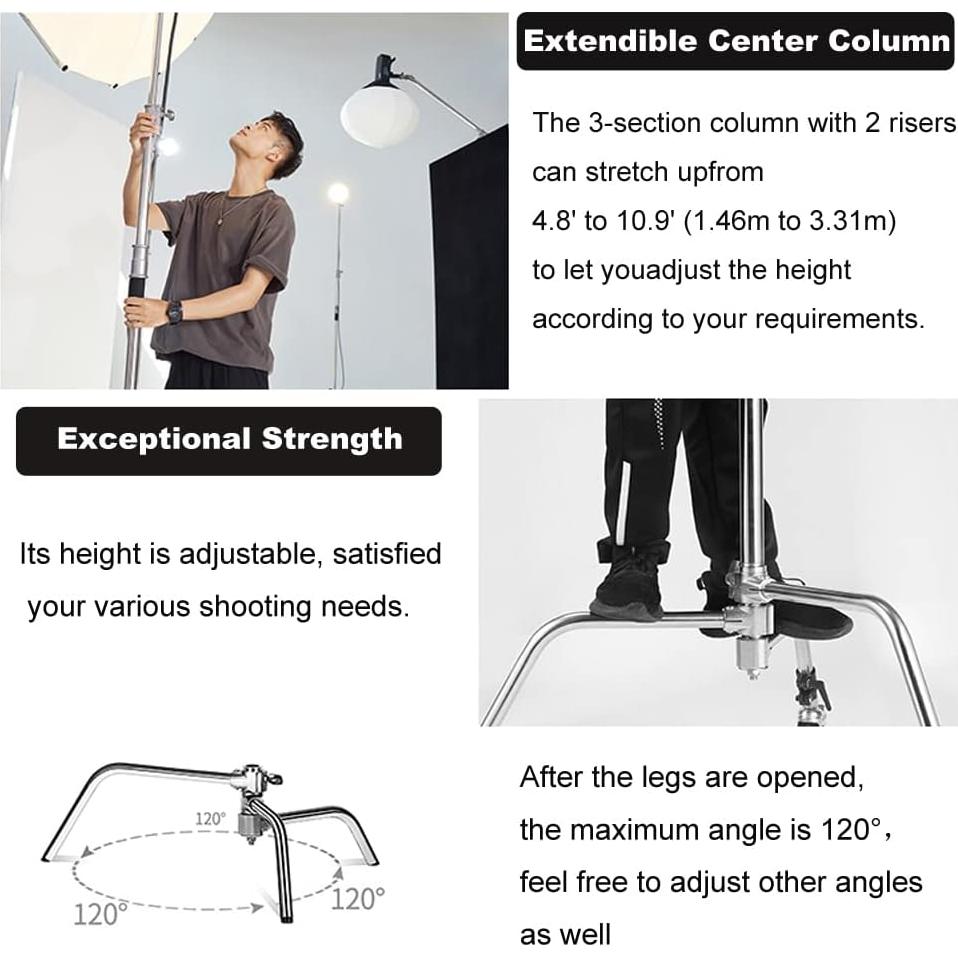 Heavy Duty C Stand 11.3ft/345cm Light Stand with 4.2ft/128cm Boom Arm Wheels Sturdy Stainless Steel Century Stand for Photography Studio Video Reflector, Umbrella, Softbox and Monolight