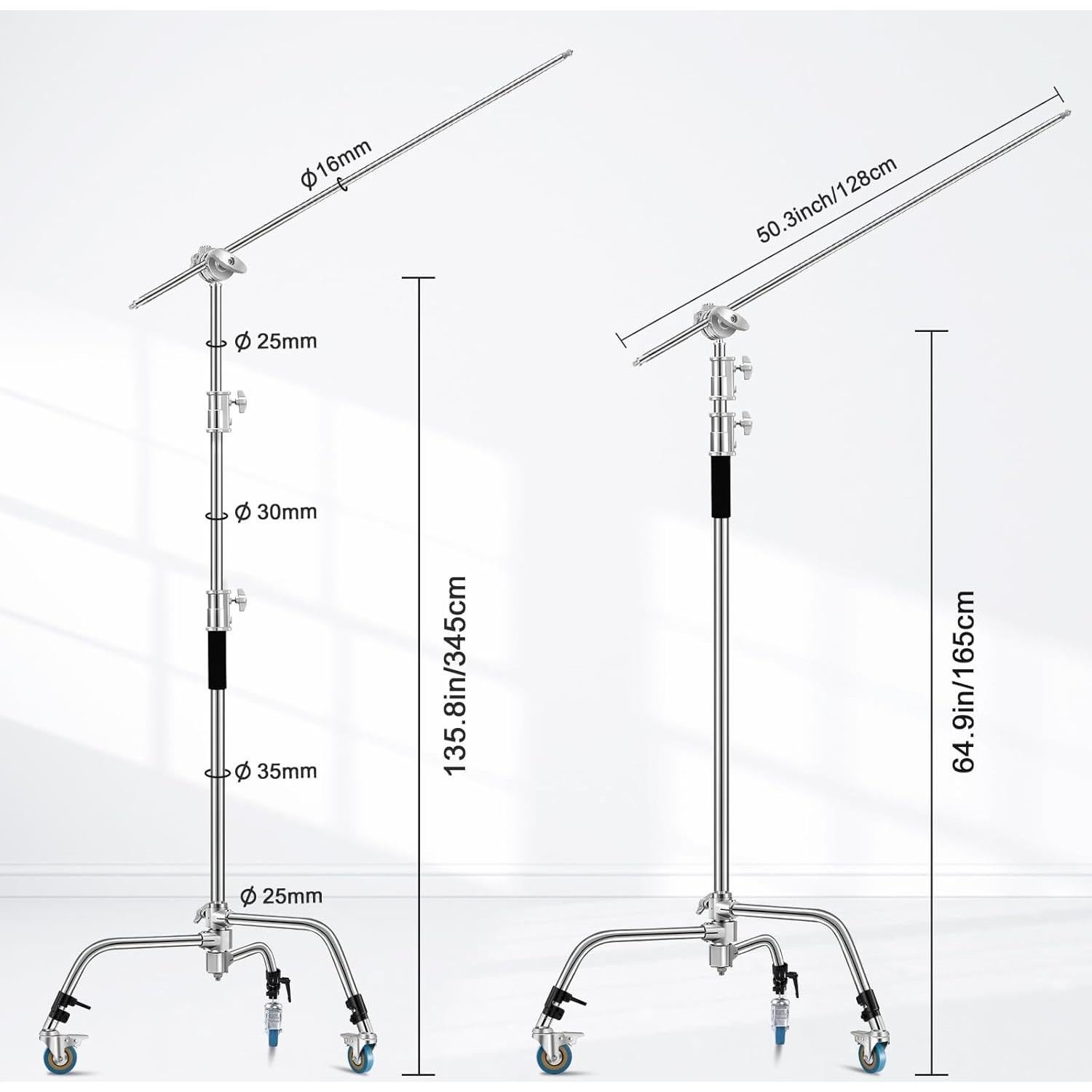Heavy Duty C Stand 11.3ft/345cm Light Stand with 4.2ft/128cm Boom Arm Wheels Sturdy Stainless Steel Century Stand for Photography Studio Video Reflector, Umbrella, Softbox and Monolight