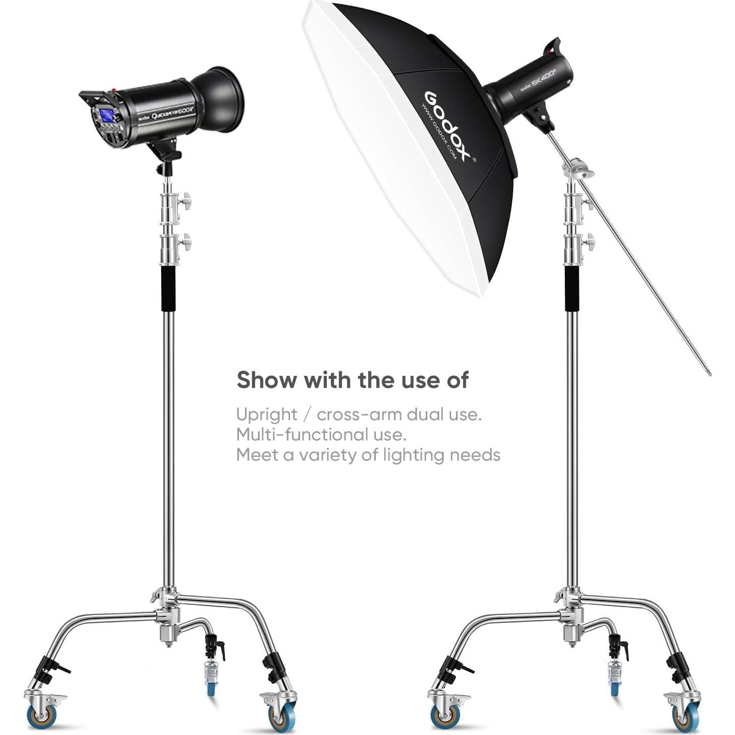 Heavy Duty C Stand 11.3ft/345cm Light Stand with 4.2ft/128cm Boom Arm Wheels Sturdy Stainless Steel Century Stand for Photography Studio Video Reflector, Umbrella, Softbox and Monolight